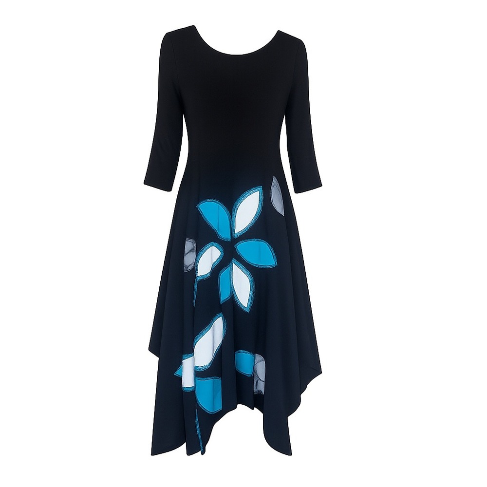 CottonWays Alebrijes by Mony Black Cotton Floral Applique Handkerchief Hem Dress